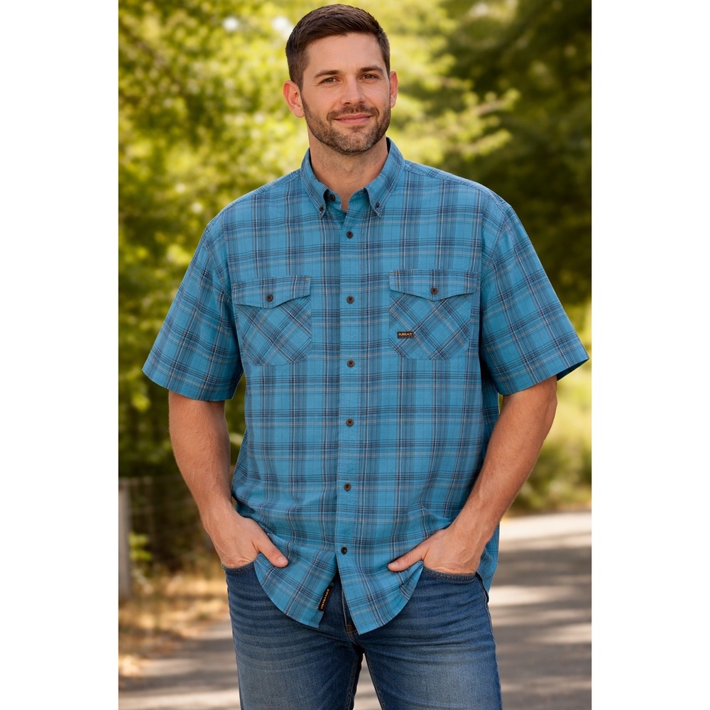 Ariat Rebar Mens XXL Blue Plaid Short Sleeve Work Shirt Button Down Cotton Blend